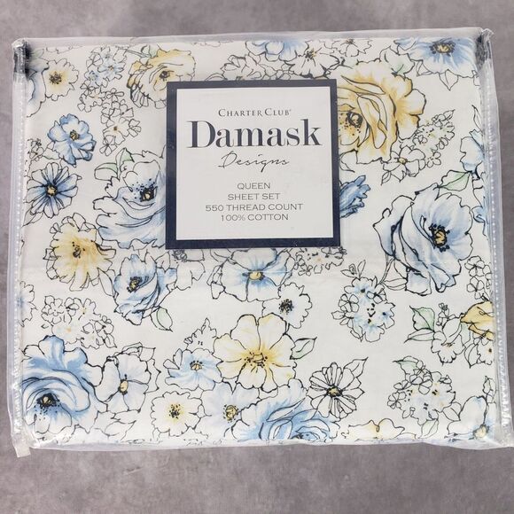 Charter Club Damask Queen Sheet Set Womens Outlined Floral 550TC New Bedding - Picture 1 of 11